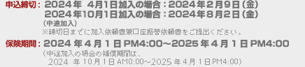 申込締切:2022年4月1日加入の場合：2022年2月10日（木）、2022年10月1日加入の場合（中途加入）：2022年8月5日（金）　※締切日までに加入依頼書兼口座振替依頼書をご提出ください。／保険期間: 2022年4月1日PM4:00～2023年4月1日PM4:00（中途加入の場合の補償期間は、2022年10月1日AM0:00～2023年4月1日PM4:00）